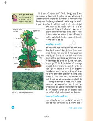 60
i`Foh % gekjk vkokl
fdlh LFkku dh tyok;q mldh fLFkfr] Å¡pkbZ] leqnz ls nwjh
rFkk mPpkop ij fuHkZj djrh gSA blfy, gesa Hkkjr dh tyok;q esa
{ks=kh; fofHkUUkrk dk vuqHko gksrk gSaA jktLFkku osQ e#LFky esa fLFkr
tSlyesj rFkk chdkusj cgqr xeZ LFkku gSa] tcfd tEew rFkk d'ehj
osQ nzkl ,oa dkjfxy esa ciQhZyh BaM iM+rh gSA rVh; {ks=k tSls eqacbZ
rFkk dksydkrk dh tyok;q eè;e gSA os u gh
vfèkd xeZ gSa vkSj u gh vf/d BaMsA leqnz rV ij
gksus osQ dkj.k ;s LFkku cgqr vf/d vknzZ gSaA fo'o
esa lcls vf/d o"kkZ es?kky; esa fLFkr ekSflujke esa
gksrh gS] tcfd fdlh&fdlh o"kZ jktLFkku osQ tSlyesj
esa o"kkZ gksrh gh ugha gSA
izko`Qfrd ouLifr
ge vius pkjksa rjiQ fofHkUu izdkj dk ikni thou
ns[krs gSaA gjs ?kkl okys eSnku esa [ksyuk fdruk vPNk
yxrk gSA oqQN ikS/s NksVs gksrs gSa ftUgsa >kM+h dgk
tkrk gS] tSls oSQDVl rFkk iwQyksa okys ikS/s bR;kfnA
blosQ vfrfjDr cgqr ls yacs o`{k gksrs gSa muesa ls oqQN
esa cgqr 'kk[kk,¡ rFkk ifÙk;k¡ gksrh gSa_ tSls& uhe] vke]
rks oqQN o`{k ,sls gksrs gSa ftuesa ifÙk;ksa dh ek=kk cgqr
de gksrh gS] tSls ukfj;yA ?kkl] >kfM+;k¡ rFkk ikS/s tks
fcuk euq"; dh lgk;rk osQ mitrs gSa mUgsa izko`Qfrd
ouLifr dgk tkrk gSA D;k vki dHkh ;g ugha lksprs
fd ;s ,d&nwljs ls fdl izdkj fHkUu gSaA vyx&vyx
tyok;q esa vyx&vyx izdkj dh ouLifr;k¡ ikbZ
tkrh gSaA buesa o"kkZ dh ek=kk lcls egÙoiw.kZ gksrh gSA
tyok;q dh fofHkUurk osQ dkj.k Hkkjr esa vyx&
vyx rjg dh ouLifr;k¡ ikbZ tkrh gSaA Hkkjr dh
ouLifr;ksa dks ik¡p izdkjksa esa foHkkftr fd;k tk ldrk
gS& m".k dfVca/h; lnkcgkj ou] m".k dfVcaèkh; ir>M+
ou] daVhyh >kfM+;k¡] ioZrh; ouLifr rFkk eSaxzkso ouA
m".k dfVca/h; o"kkZ ou
m".k dfVca/h; o"kkZ ou mu {ks=kksa esa ik, tkrs gSa
tgk¡ o"kkZ cgqr vf/d gksrh gSA ;s brus ?kus gksrs gSa
vkvks oqQN djosQ lh[ksa
Hkkjr osQ ekufp=k ij
bl iSjkxzkiQ esa fn, x,
LFkkuksa dks fpfÉr djsaA
fp=k 8.1 : m".k dfVca/h; o"kkZ ou
lokZf/d Å¡pkbZ
60 ehVj
40 ehVj
20 ehVj
5 ehVj
1-5 ehVj
Hkwfe ijr
>kM+h okyh
ijr
r#.k o`{k
forku
mn~xkeh ijr
2018-19
 