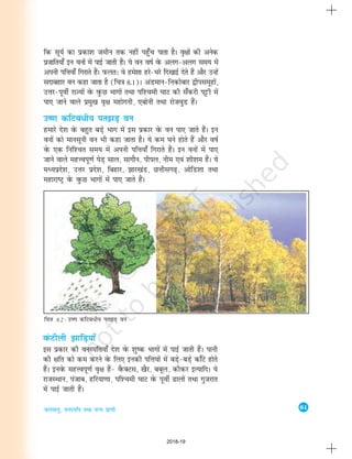 61
tyok;q] ouLifr rFkk oU; izk.kh
fd lw;Z dk izdk'k tehu rd ugha igq¡p ikrk gSA o`{kksa dh vusd
iztkfr;k¡ bu ouksa esa ikbZ tkrh gSaA ;s ou o"kZ osQ vyx&vyx le; esa
viuh ifÙk;k¡ fxjkrs gSaA iQyr% os ges'kk gjs&Hkjs fn[kkbZ nsrs gSa vkSj mUgsa
lnkcgkj ou dgk tkrk gS (fp=k 8-1)A vaMeku&fudksckj }hilewgksa]
mÙkj&iwohZ jkT;ksa osQ oqQN Hkkxksa rFkk if'peh ?kkV dh l¡djh iêðh esa
ik, tkus okys izeq[k o`{k egksxuh] ,cksuh rFkk jkstoqM gSaA
m".k dfVca/h; ir>M+ ou
gekjs ns'k osQ cgqr cM+s Hkkx esa bl izdkj osQ ou ik, tkrs gSaA bu
ouksa dks ekulwuh ou Hkh dgk tkrk gSA ;s de ?kus gksrs gSa vkSj o"kZ
osQ ,d fuf'pr le; esa viuh ifÙk;k¡ fxjkrs gSaA bu ouksa esa ik,
tkus okys egÙoiw.kZ isM+ lky] lkxkSu] ihiy] uhe ,oa 'kh'ke gSaA ;s
eè;izns'k] mÙkj izns'k] fcgkj] >kj[kaM] NÙkhlx<+] vksfM'kk rFkk
egkjk"Vª osQ oqQN Hkkxksa esa ik, tkrs gSaA
oaQVhyh >kfM+;k¡
bl izdkj dh ouLifr;k¡ ns'k osQ 'kq"d Hkkxksa esa ikbZ tkrh gSaA ikuh
dh {kfr dks de djus osQ fy, budh ifÙk;ksa esa cM+s&cM+s dk¡Vs gksrs
gSaA buosQ egÙoiw.kZ o`{k gaS& oSQDVl] [kSj] ccwy] dhdj bR;kfnA ;s
jktLFkku] iatkc] gfj;k.kk] if'peh ?kkV osQ iwohZ <kyksa rFkk xqtjkr
esa ikbZ tkrh gSaA
fp=k 8.2 : m".k dfVca/h; ir>M+ ou
2018-19
 