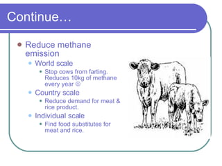 Continue… Reduce methane emission World scale Stop cows from farting. Reduces 10kg of methane every year   Country scale Reduce demand for meat & rice product. Individual scale Find food substitutes for meat and rice. 