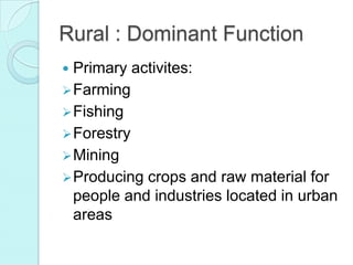 Rural : Dominant Function
Primary activites:
Farming
Fishing
Forestry
Mining
Producing crops and raw material for
people and industries located in urban
areas