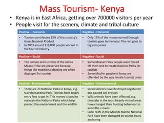 Mass Tourism- Kenya
• Kenya is in East Africa, getting over 700000 visitors per year
• People visit for the scenery, climate and tribal culture
    Positive – Economic                               Negative - Economic
    •   Tourism contributes 15% of the country’s      •   Only 15% of the money earned through
        Gross National Product                            tourism goes to the local. The rest goes to
    •   In 2003 around 219,000 people worked in           big companies
        the tourist industry

    Positive – Social                                 Negative - Social
    •   The culture and customs of the native         •   Some Maasai tribes people were forced
        Maasai Tribe are preserved because                off their land to create National Parks for
        things like traditional dancing are often         tourists
        displayed for tourists                        •   Some Muslim people in Kenya are
                                                          offended by the way female tourists dress
    Positive - Environmental                          Negative - Environmental
    •   There are 23 National Parks in Kenya, e.g.    •   Safari vehicles have destroyed vegetation
        Nairobi National Park. Tourists have to pay       and caused soil erosion
        entry fees to get in. This money is used to   •   Wild animals have been affected, e.g.
        maintain the National Parks which help            cheetahs in the most heavily visited areas
        protect the environment and the wildlife          have changed their hunting behaviour to
                                                          avoid the crowds
                                                      •   Coral reefs in the Malindi Marine National
                                                          Park have been damaged by tourist boats
                                                          anchoring
 
