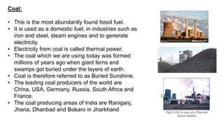 Coal:
• This is the most abundantly found fossil fuel.
• It is used as a domestic fuel, in industries such as
iron and steel, steam engines and to generate
electricity.
• Electricity from coal is called thermal power.
• The coal which we are using today was formed
millions of years ago when giant ferns and
swamps got buried under the layers of earth.
• Coal is therefore referred to as Buried Sunshine.
• The leading coal producers of the world are
China, USA, Germany, Russia, South Africa and
France.
• The coal producing areas of India are Raniganj,
Jharia, Dhanbad and Bokaro in Jharkhand
 