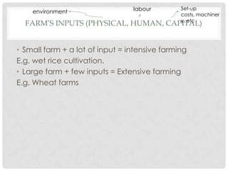 environment                  labour        Set-up
                                               costs, machiner
                                               y, etc
  FARM’S INPUTS (PHYSICAL, HUMAN, CAPITAL)


• Small farm + a lot of input = intensive farming
E.g. wet rice cultivation.
• Large farm + few inputs = Extensive farming
E.g. Wheat farms
 