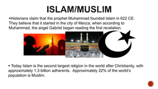 Historians claim that the prophet Muhammad founded Islam in 622 CE.
They believe that it started in the city of Mecca, when according to
Muhammad, the angel Gabriel began reading the first revelation.
 Today Islam is the second largest religion in the world after Christianity, with
approximately 1.3 billion adherents. Approximately 22% of the world’s
population is Muslim.
 