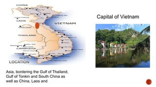 Capital of Vietnam
Hanoi
Asia, bordering the Gulf of Thailand,
Gulf of Tonkin and South China as
well as China, Laos and
 