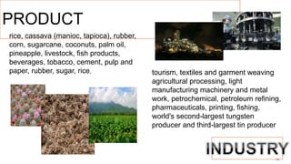 PRODUCT
rice, cassava (manioc, tapioca), rubber,
corn, sugarcane, coconuts, palm oil,
pineapple, livestock, fish products,
beverages, tobacco, cement, pulp and
paper, rubber, sugar, rice, tourism, textiles and garment weaving
agricultural processing, light
manufacturing machinery and metal
work, petrochemical, petroleum refining,
pharmaceuticals, printing, fishing,
world's second-largest tungsten
producer and third-largest tin producer
 