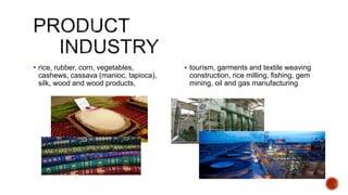  rice, rubber, corn, vegetables,
cashews, cassava (manioc, tapioca),
silk, wood and wood products,
 tourism, garments and textile weaving
construction, rice milling, fishing, gem
mining, oil and gas manufacturing
 