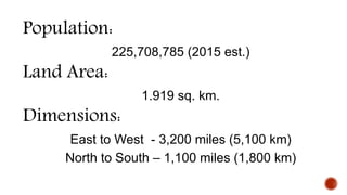 Population:
225,708,785 (2015 est.)
Land Area:
1.919 sq. km.
Dimensions:
East to West - 3,200 miles (5,100 km)
North to South – 1,100 miles (1,800 km)
 