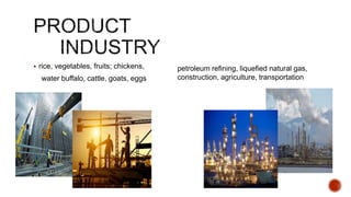  rice, vegetables, fruits; chickens,
water buffalo, cattle, goats, eggs
petroleum refining, liquefied natural gas,
construction, agriculture, transportation
 