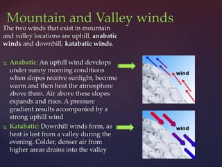 The two winds that exist in mountain
and valley locations are uphill, anabatic
winds and downhill, katabatic winds.
 Anabatic: An uphill wind develops
under sunny morning conditions
when slopes receive sunlight, become
warm and then heat the atmosphere
above them. Air above these slopes
expands and rises. A pressure
gradient results accompanied by a
strong uphill wind
 Katabatic: Downhill winds form, as
heat is lost from a valley during the
evening. Colder, denser air from
higher areas drains into the valley
Mountain and Valley winds
 