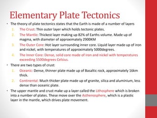 Elementary Plate Tectonics
• The theory of plate tectonics states that the Earth is made of a number of layers
1. The Crust: Thin outer layer which holds tectonic plates.
2. The Mantle: Thickest layer making up 82% of Earths volume. Made up of
magma, with diameter of approximately 2900KM
3. The Outer Core: Hot layer surrounding inner core. Liquid layer made up of iron
and nickel, with temperatures of approximately 5000degrees.
4. The Inner Core: Dense, solid core made of iron and nickel with temperatures
exceeding 5500degrees Celsius.
• There are two types of crust:
1. Oceanic: Dense, thinner plate made up of Basaltic rock, approximately 16km
thick.
2. Continental: Much thicker plate made up of granite, silica and aluminium, less
dense than oceanic plate.
• The upper mantle and crust make up a layer called the Lithosphere which is broken
into a number of plates. These move over the Asthenosphere, which is a plastic
layer in the mantle, which drives plate movement.
 