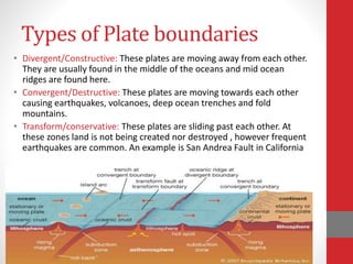 Types of Plate boundaries
• Divergent/Constructive: These plates are moving away from each other.
They are usually found in the middle of the oceans and mid ocean
ridges are found here.
• Convergent/Destructive: These plates are moving towards each other
causing earthquakes, volcanoes, deep ocean trenches and fold
mountains.
• Transform/conservative: These plates are sliding past each other. At
these zones land is not being created nor destroyed , however frequent
earthquakes are common. An example is San Andrea Fault in California
 