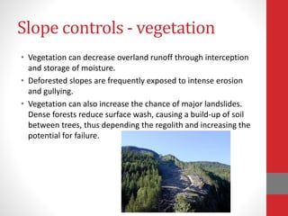 Slope controls - vegetation
• Vegetation can decrease overland runoff through interception
and storage of moisture.
• Deforested slopes are frequently exposed to intense erosion
and gullying.
• Vegetation can also increase the chance of major landslides.
Dense forests reduce surface wash, causing a build-up of soil
between trees, thus depending the regolith and increasing the
potential for failure.
 