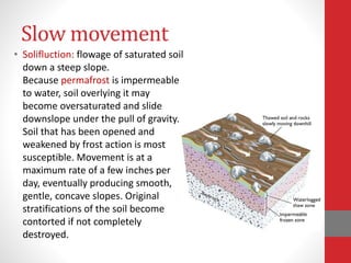 Slow movement
• Solifluction: flowage of saturated soil
down a steep slope.
Because permafrost is impermeable
to water, soil overlying it may
become oversaturated and slide
downslope under the pull of gravity.
Soil that has been opened and
weakened by frost action is most
susceptible. Movement is at a
maximum rate of a few inches per
day, eventually producing smooth,
gentle, concave slopes. Original
stratifications of the soil become
contorted if not completely
destroyed.
 