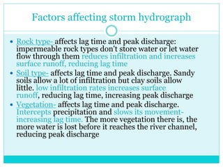 Factors affecting storm hydrograph
 Rock type- affects lag time and peak discharge:
impermeable rock types don't store water or let water
flow through them reduces infiltration and increases
surface runoff, reducing lag time
 Soil type- affects lag time and peak discharge. Sandy
soils allow a lot of infiltration but clay soils allow
little. low infiltration rates increases surface
runoff, reducing lag time, increasing peak discharge
 Vegetation- affects lag time and peak discharge.
Intercepts precipitation and slows its movement-
increasing lag time. The more vegetation there is, the
more water is lost before it reaches the river channel,
reducing peak discharge
 