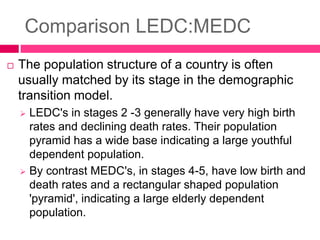 Comparison LEDC:MEDC
 The population structure of a country is often
usually matched by its stage in the demographic
transition model.
 LEDC's in stages 2 -3 generally have very high birth
rates and declining death rates. Their population
pyramid has a wide base indicating a large youthful
dependent population.
 By contrast MEDC's, in stages 4-5, have low birth and
death rates and a rectangular shaped population
'pyramid', indicating a large elderly dependent
population.
 