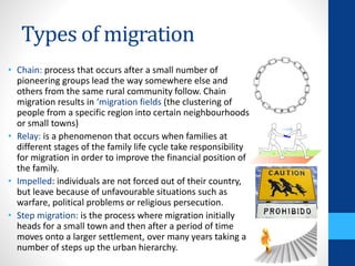 Types of migration
• Chain: process that occurs after a small number of
pioneering groups lead the way somewhere else and
others from the same rural community follow. Chain
migration results in ‘migration fields (the clustering of
people from a specific region into certain neighbourhoods
or small towns)
• Relay: is a phenomenon that occurs when families at
different stages of the family life cycle take responsibility
for migration in order to improve the financial position of
the family.
• Impelled: individuals are not forced out of their country,
but leave because of unfavourable situations such as
warfare, political problems or religious persecution.
• Step migration: is the process where migration initially
heads for a small town and then after a period of time
moves onto a larger settlement, over many years taking a
number of steps up the urban hierarchy.
 