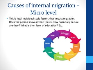 Causes of internal migration –
Micro level
• This is local individual scale factors that impact migration.
Does the person know anyone there? How financially secure
are they? What is their level of education? Etc.
 