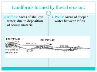 Landforms formed by fluvial erosion:
 Riffles: Areas of shallow
water, due to deposition
of coarse material.
 Pools: Areas of deeper
water between rifles
 