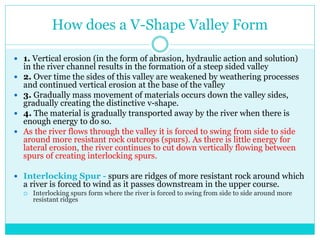 How does a V-Shape Valley Form
 1. Vertical erosion (in the form of abrasion, hydraulic action and solution)
in the river channel results in the formation of a steep sided valley
 2. Over time the sides of this valley are weakened by weathering processes
and continued vertical erosion at the base of the valley
 3. Gradually mass movement of materials occurs down the valley sides,
gradually creating the distinctive v-shape.
 4. The material is gradually transported away by the river when there is
enough energy to do so.
 As the river flows through the valley it is forced to swing from side to side
around more resistant rock outcrops (spurs). As there is little energy for
lateral erosion, the river continues to cut down vertically flowing between
spurs of creating interlocking spurs.
 Interlocking Spur - spurs are ridges of more resistant rock around which
a river is forced to wind as it passes downstream in the upper course.
 Interlocking spurs form where the river is forced to swing from side to side around more
resistant ridges
 