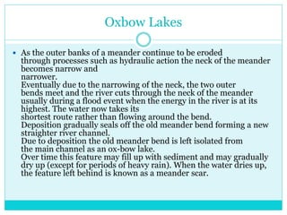 Oxbow Lakes
 As the outer banks of a meander continue to be eroded
through processes such as hydraulic action the neck of the meander
becomes narrow and
narrower.
Eventually due to the narrowing of the neck, the two outer
bends meet and the river cuts through the neck of the meander
usually during a flood event when the energy in the river is at its
highest. The water now takes its
shortest route rather than flowing around the bend.
Deposition gradually seals off the old meander bend forming a new
straighter river channel.
Due to deposition the old meander bend is left isolated from
the main channel as an ox-bow lake.
Over time this feature may fill up with sediment and may gradually
dry up (except for periods of heavy rain). When the water dries up,
the feature left behind is known as a meander scar.
 