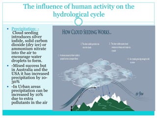 The influence of human activity on the
hydrological cycle
 Precipitation: -
Cloud seeding
introduces silver
iodide, solid carbon
dioxide (dry ice) or
ammonium nitrate
into the air to
encourage water
droplets to form.
 -Mixed success but
in Australia and the
USA it has increased
precipitation by 10-
30%
 -In Urban areas
precipitation can be
increased by 10%
due to extra
pollutants in the air
 