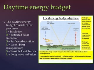  The daytime energy
budget consists of Six
processes:
I = Insolation
R = Reflected Solar
Radiation
S = Surface Absorption
L = Latent Heat
(Evaporation)
S = Sensible Heat Transfer
L = Long wave radiation
Daytime energy budget
 