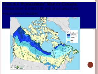 THIS IS A ‘PERMAFROST’ MAP OF CANADA:
(PERMAFROST IS WHEN THE SOIL IN AN AREA STAYS
PERMANENTLY FROZEN).
 