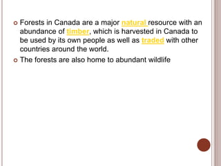  Forests in Canada are a major natural resource with an
abundance of timber, which is harvested in Canada to
be used by its own people as well as traded with other
countries around the world.
 The forests are also home to abundant wildlife
 