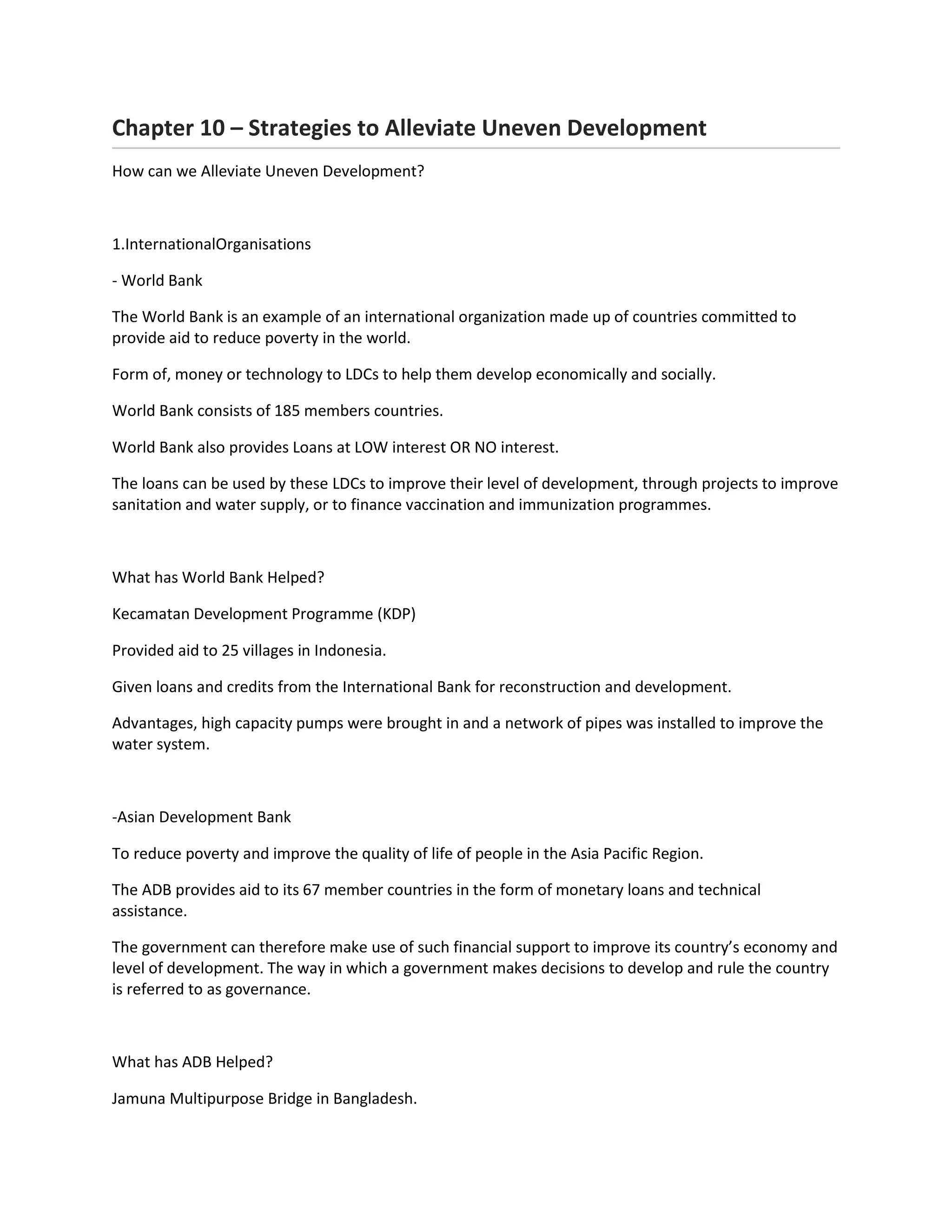 Geography chapter 10 strategies to alleviate uneven development PDF