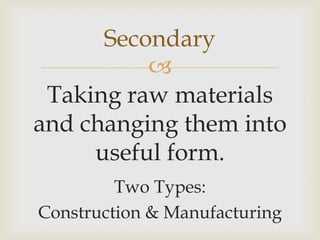 
Taking raw materials
and changing them into
useful form.
Two Types:
Construction & Manufacturing
Secondary
 
