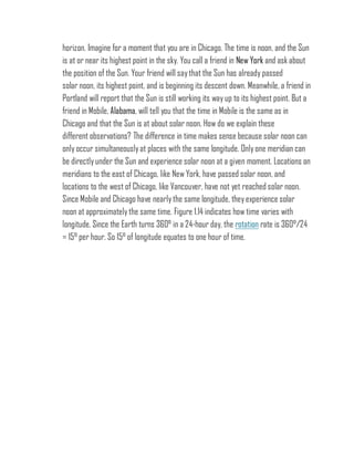 horizon. Imagine for a moment that you are in Chicago. The time is noon, and the Sun
is at or near its highest point in the sky. You call a friend in New York and ask about
the position of the Sun. Your friend will saythat the Sun has already passed
solar noon, its highest point, and is beginning its descent down. Meanwhile, a friend in
Portland will report that the Sun is still working its way up to its highest point. But a
friend in Mobile, Alabama, will tell you that the time in Mobile is the same as in
Chicago and that the Sun is at about solar noon. How do we explain these
different observations? The difference in time makes sense because solar noon can
only occur simultaneouslyat places with the same longitude. Onlyone meridian can
be directly under the Sun and experience solar noon at a given moment. Locations on
meridians to the east of Chicago, like New York, have passed solar noon, and
locations to the west of Chicago, like Vancouver, have not yet reached solar noon.
Since Mobile and Chicago have nearlythe same longitude, theyexperience solar
noon at approximatelythe same time. Figure 1.14 indicates how time varies with
longitude. Since the Earth turns 360° in a 24-hour day, the rotation rate is 360°/24
= 15° per hour. So 15° of longitude equates to one hour of time.
 