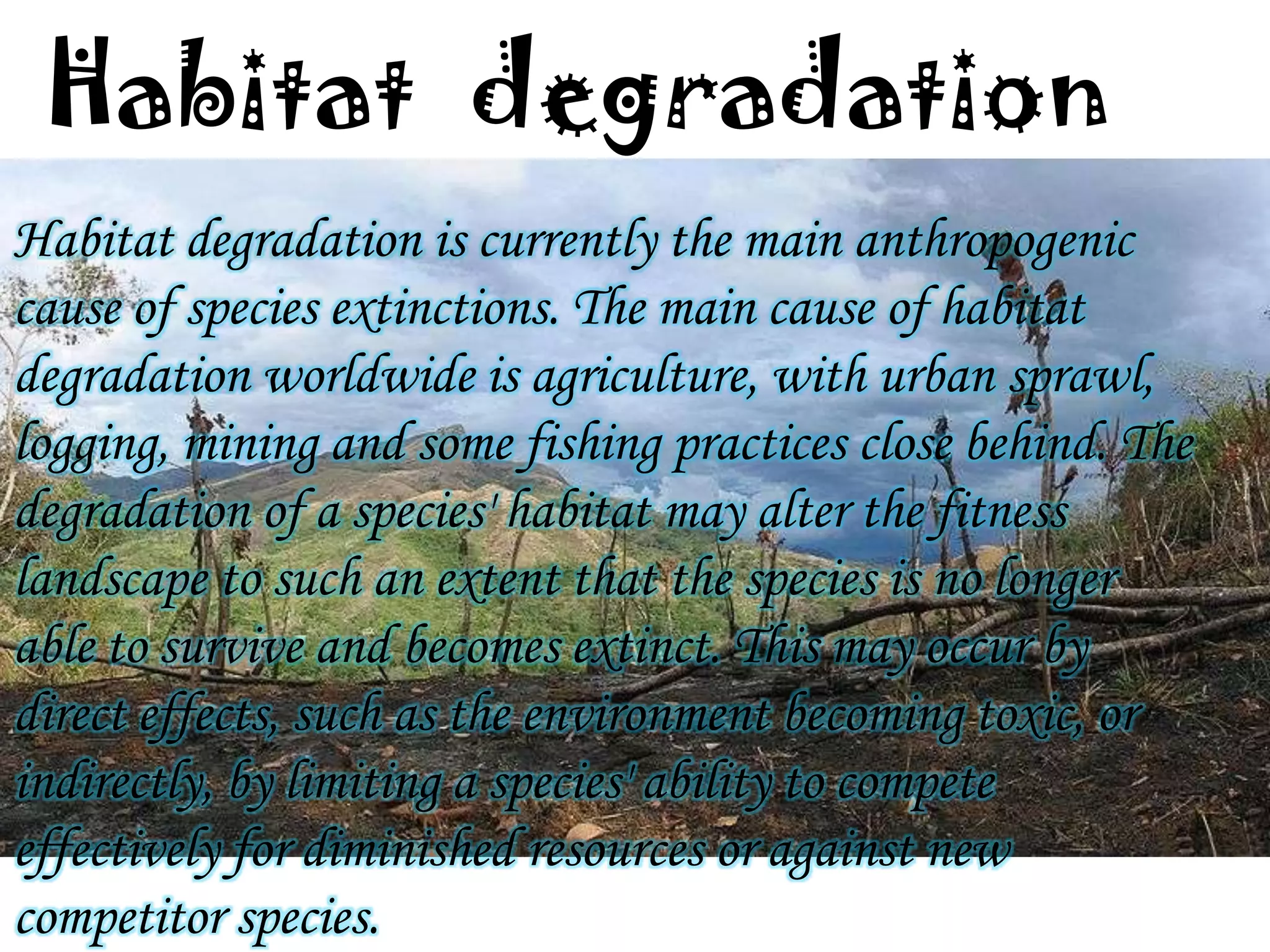 Habitat degradation
Habitat degradation is currently the main anthropogenic
cause of species extinctions. The main cause of habitat
degradation worldwide is agriculture, with urban sprawl,
logging, mining and some fishing practices close behind. The
degradation of a species' habitat may alter the fitness
landscape to such an extent that the species is no longer
able to survive and becomes extinct. This may occur by
direct effects, such as the environment becoming toxic, or
indirectly, by limiting a species' ability to compete
effectively for diminished resources or against new
competitor species.

 