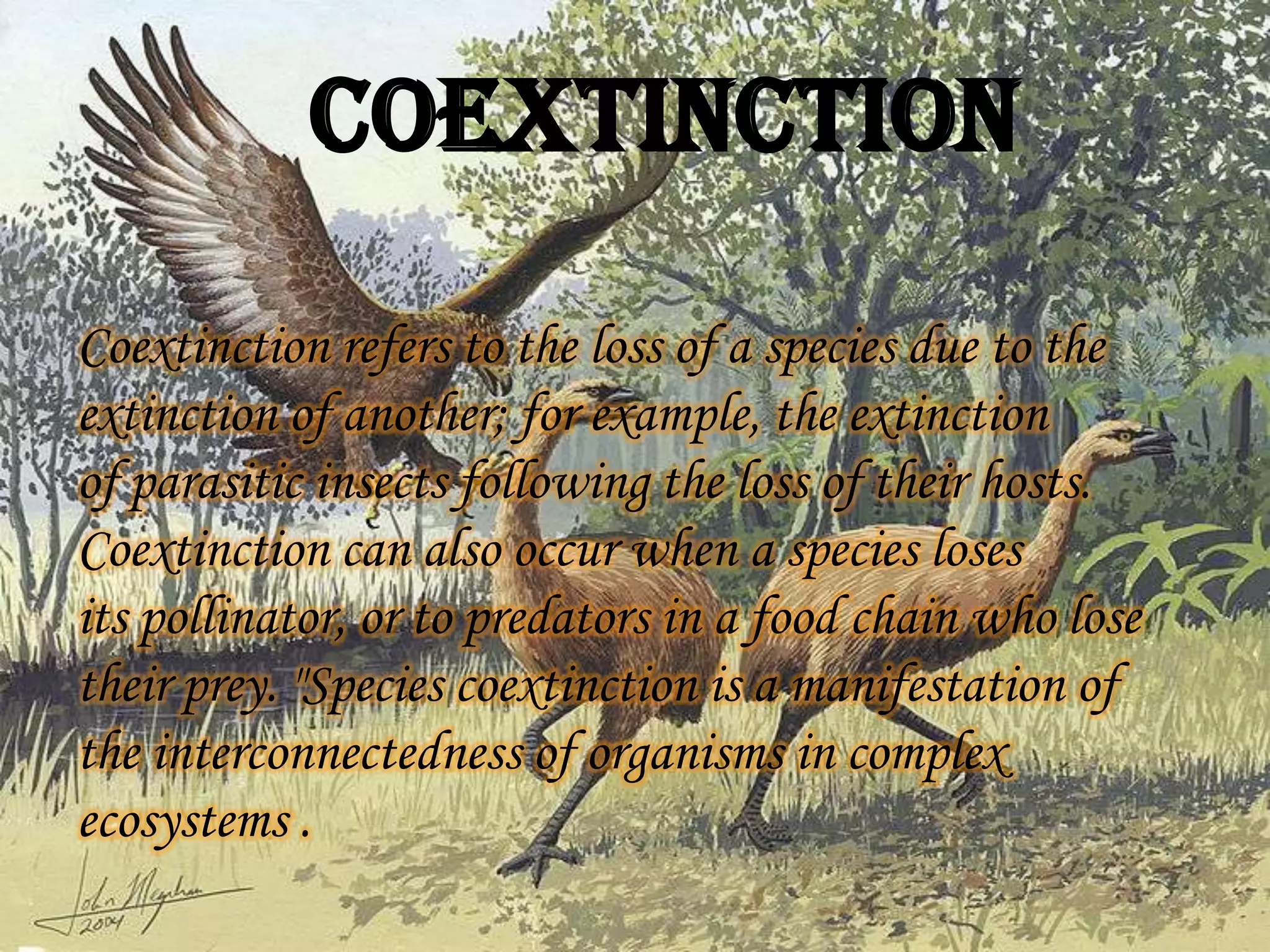 Coextinction
Coextinction refers to the loss of a species due to the
extinction of another; for example, the extinction
of parasitic insects following the loss of their hosts.
Coextinction can also occur when a species loses
its pollinator, or to predators in a food chain who lose
their prey. "Species coextinction is a manifestation of
the interconnectedness of organisms in complex
ecosystems .

 