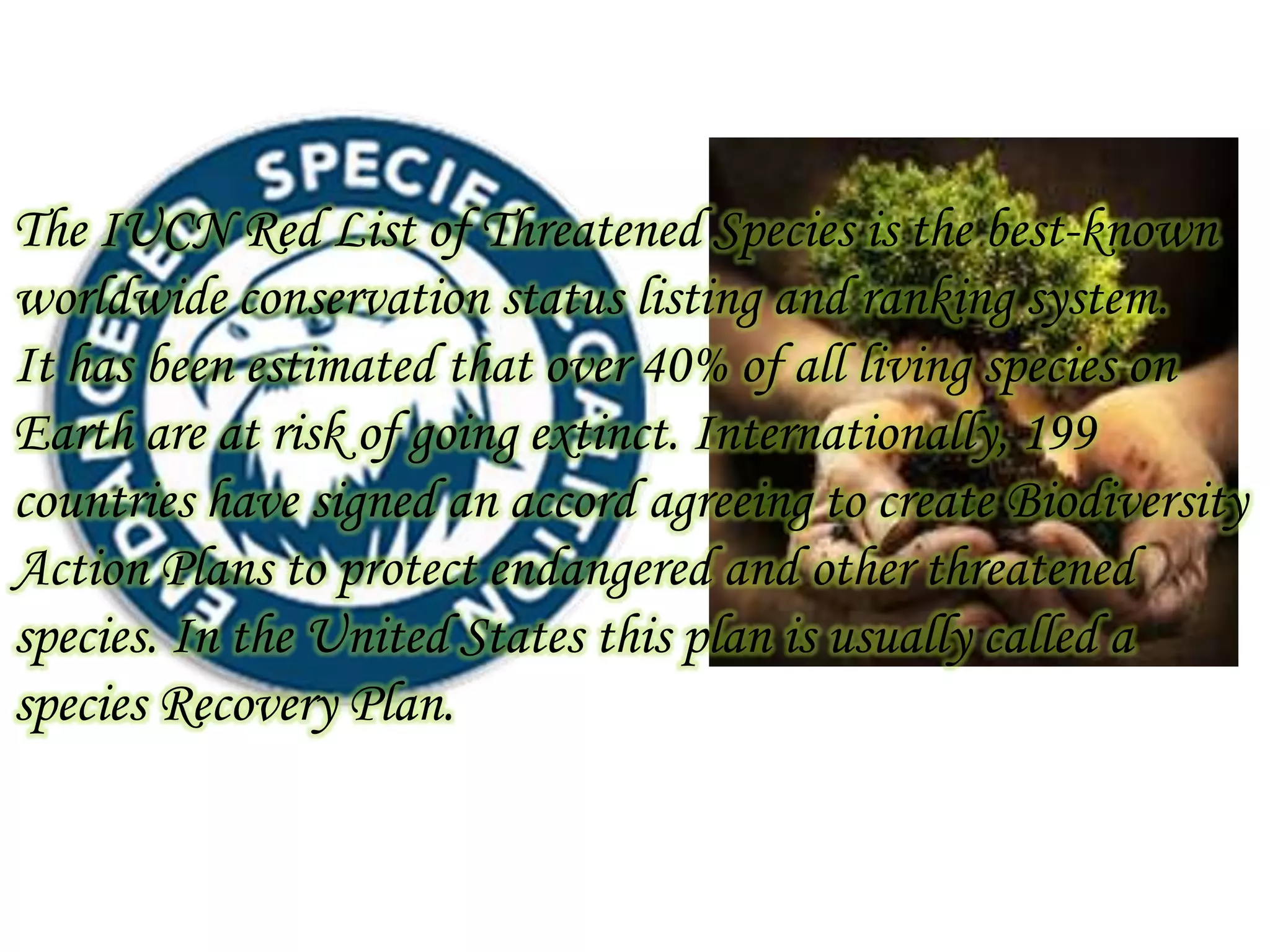 The IUCN Red List of Threatened Species is the best-known
worldwide conservation status listing and ranking system.
It has been estimated that over 40% of all living species on
Earth are at risk of going extinct. Internationally, 199
countries have signed an accord agreeing to create Biodiversity
Action Plans to protect endangered and other threatened
species. In the United States this plan is usually called a
species Recovery Plan.

 