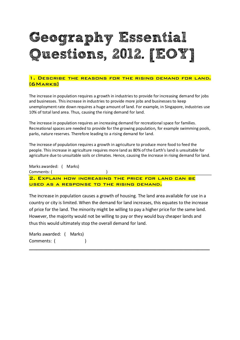 Geography essential questions eoy 2012 with answers