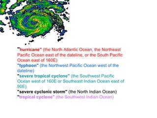 " hurricane"  (the North Atlantic Ocean, the Northeast Pacific Ocean east of the dateline, or the South Pacific Ocean east of 160E)  "typhoon"  (the Northwest Pacific Ocean west of the dateline)   " severe tropical cyclone"  (the Southwest Pacific Ocean west of 160E or Southeast Indian Ocean east of 90E)  "severe cyclonic storm"  (the North Indian Ocean)  " tropical cyclone"  (the Southwest Indian Ocean)   