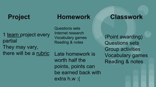 1 team project every
partial
They may vary,
there will be a rubric
Project Homework Classwork
Questions sets
Internet research
Vocabulary games
Reading & notes
Late homework is
worth half the
points, points can
be earned back with
extra h.w :(
(Point awarding)
Questions sets
Group activities
Vocabulary games
Reading & notes
 