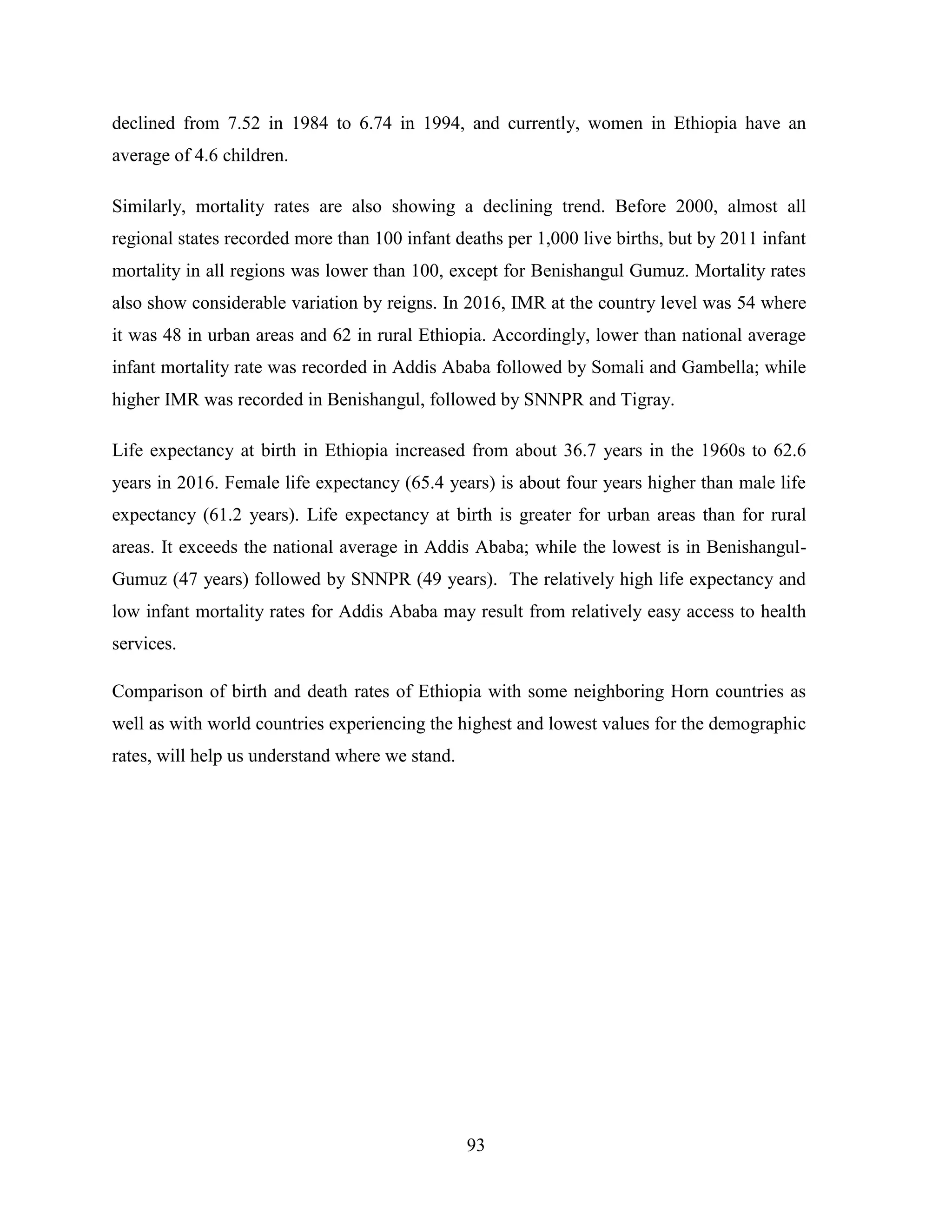 93
declined from 7.52 in 1984 to 6.74 in 1994, and currently, women in Ethiopia have an
average of 4.6 children.
Similarly, mortality rates are also showing a declining trend. Before 2000, almost all
regional states recorded more than 100 infant deaths per 1,000 live births, but by 2011 infant
mortality in all regions was lower than 100, except for Benishangul Gumuz. Mortality rates
also show considerable variation by reigns. In 2016, IMR at the country level was 54 where
it was 48 in urban areas and 62 in rural Ethiopia. Accordingly, lower than national average
infant mortality rate was recorded in Addis Ababa followed by Somali and Gambella; while
higher IMR was recorded in Benishangul, followed by SNNPR and Tigray.
Life expectancy at birth in Ethiopia increased from about 36.7 years in the 1960s to 62.6
years in 2016. Female life expectancy (65.4 years) is about four years higher than male life
expectancy (61.2 years). Life expectancy at birth is greater for urban areas than for rural
areas. It exceeds the national average in Addis Ababa; while the lowest is in Benishangul-
Gumuz (47 years) followed by SNNPR (49 years). The relatively high life expectancy and
low infant mortality rates for Addis Ababa may result from relatively easy access to health
services.
Comparison of birth and death rates of Ethiopia with some neighboring Horn countries as
well as with world countries experiencing the highest and lowest values for the demographic
rates, will help us understand where we stand.
 
