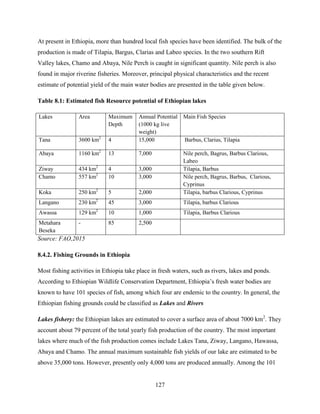 127
At present in Ethiopia, more than hundred local fish species have been identified. The bulk of the
production is made of Tilapia, Bargus, Clarias and Labeo species. In the two southern Rift
Valley lakes, Chamo and Abaya, Nile Perch is caught in significant quantity. Nile perch is also
found in major riverine fisheries. Moreover, principal physical characteristics and the recent
estimate of potential yield of the main water bodies are presented in the table given below.
Table 8.1: Estimated fish Resource potential of Ethiopian lakes
Lakes Area Maximum
Depth
Annual Potential
(1000 kg live
weight)
Main Fish Species
Tana 3600 km2
4 15,000 Barbus, Clarius, Tilapia
Abaya 1160 km2
13 7,000 Nile perch, Bagrus, Barbus Clarious,
Labeo
Ziway 434 km2
4 3,000 Tilapia, Barbus
Chamo 557 km2
10 3,000 Nile perch, Bagrus, Barbus, Clarious,
Cyprinus
Koka 250 km2
5 2,000 Tilapia, barbus Clarious, Cyprinus
Langano 230 km2
45 3,000 Tilapia, barbus Clarious
Awassa 129 km2
10 1,000 Tilapia, Barbus Clarious
Metahara
Beseka
- 85 2,500
Source: FAO,2015
8.4.2. Fishing Grounds in Ethiopia
Most fishing activities in Ethiopia take place in fresh waters, such as rivers, lakes and ponds.
According to Ethiopian Wildlife Conservation Department, Ethiopia‟s fresh water bodies are
known to have 101 species of fish, among which four are endemic to the country. In general, the
Ethiopian fishing grounds could be classified as Lakes and Rivers
Lakes fishery: the Ethiopian lakes are estimated to cover a surface area of about 7000 km2
. They
account about 79 percent of the total yearly fish production of the country. The most important
lakes where much of the fish production comes include Lakes Tana, Ziway, Langano, Hawassa,
Abaya and Chamo. The annual maximum sustainable fish yields of our lake are estimated to be
above 35,000 tons. However, presently only 4,000 tons are produced annually. Among the 101
 