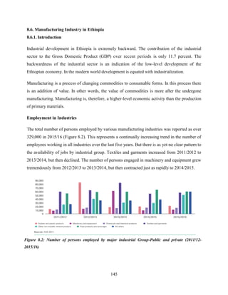 145
8.6. Manufacturing Industry in Ethiopia
8.6.1. Introduction
Industrial development in Ethiopia is extremely backward. The contribution of the industrial
sector to the Gross Domestic Product (GDP) over recent periods is only 11.7 percent. The
backwardness of the industrial sector is an indication of the low-level development of the
Ethiopian economy. In the modern world development is equated with industrialization.
Manufacturing is a process of changing commodities to consumable forms. In this process there
is an addition of value. In other words, the value of commodities is more after the undergone
manufacturing. Manufacturing is, therefore, a higher-level economic activity than the production
of primary materials.
Employment in Industries
The total number of persons employed by various manufacturing industries was reported as over
329,000 in 2015/16 (Figure 8.2). This represents a continually increasing trend in the number of
employees working in all industries over the last five years. But there is as yet no clear pattern to
the availability of jobs by industrial group. Textiles and garments increased from 2011/2012 to
2013/2014, but then declined. The number of persons engaged in machinery and equipment grew
tremendously from 2012/2013 to 2013/2014, but then contracted just as rapidly to 2014/2015.
Figure 8.2: Number of persons employed by major industrial Group-Public and private (2011/12-
2015/16)
 