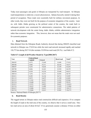 155
Today most passengers and goods in Ethiopia are transported by road transport. In Ethiopia
road transportation is relatively a recent phenomenon. Italians basically started it during their
period of occupation. These roads were essentially built for military movement purposes. In
other words, they were not built for the purpose of economic integration of the country. Later
on, with Addis Ababa growing as the political center of the country, the roads built in
subsequent periods were constructed for administrative connections. The radial patterns of
network development with the center being Addis Ababa, exhibits administrative integration
rather than economic integration. This, however, does not mean that the roads were not used
for economic purposes.
i. Road Network
Data obtained from the Ethiopian Roads Authority showed that during 2004/05 classified road
network in Ethiopia was 37,018 km while the total road network increased rapidly and reached
126,773 km during 2017/18 (this includes 35,958 km rural road (28.3%). (seeTable 8.7)
Table 8.7: Length of all-Weather Roads by Type(2004-2017)
Year
Federal Road
Rural road Total**
Asphalt Gravel
2004/05 4,972 13,640 18,406 37,018
2005/06 5,002 14,311 20,164 39,477
2006/07 5,452 14,628 22,349 42,429
2007/08 6,066 14,363 23,930 44,359
2008/09 6,938 14,234 25,640 46,812
2009/10 7,476 14,373 26,944 48,793
2010/11 8,295 14,136 30,712 53,997
2011/12 9,875 14,675 31,550 63,083
2012/13 11,301 14,455 32,582 85,966
2013/14 12,640 14,217 33,609 99,522
2014/15 13,551 14,055 30,641 110,414
2015/16 14,632 13,400 31,620 113,066
2016/17 15,886 12,813 33,367 120,171
2017/18 15,886 12,813 35,985 126,773
Source: National Bank of Ethiopia,2017/1
ii. Road Density
The rugged terrain in Ethiopia makes road construction difficult and expensive. If we compare
the length of roads to the total area of the country, we observe that it serves a small area. One-
km road serves an area of about 66 km2
. If we generously assume a distance 10 kms on either
 