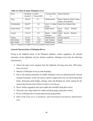 46
Table 4.1: Data on major Ethiopian rivers
River Catchment
Area(km2
)
Annual
Volume BMC
Terminus/Mout
h
Major tributaries
Abay 199,812 4.5 Mediterranean Dabus, Dedessa, Fincha, Guder,
Muger, Jema, Beshilo
Wabishebelle 202,697 3.4 Coast of Indian
Ocean
Ramis Erer, Daketa Fafan
Genale Dawa 171,042 6 Indian-Ocean Dawa, Weyb, Welmel,
Mena
Awash 114,123 4.9 Inland (within
Ethiopia)
Akaki, Kesem, Borkena,
Mile
Tekeze 87,733 8.2 Mediterranean Goang, Angereb
Gibe (Omo) 79,000 16.6 Lake Turkana Gojeb
Baro Akobo 75,912 23.23 Mediterranean Akobo
Source: Compiled from different basin development master plans
General Characteristics of Ethiopian Rivers
Owing to the highland nature of the Ethiopian landmass, surface ruggedness, the outward
inclination of the highlands, and the climatic conditions, Ethiopian rivers have the following
characteristics.
 Almost all major rivers originate from the highlands elevating more than 1500 meters
above sea level,
 Majority of Ethiopian rivers are trans-boundary,
 Due to the marked seasonality of rainfall, Ethiopian rivers are characterized by extreme
seasonal fluctuation. In the wet season, runoff is higher and rivers are full bursting their
banks, destroying small bridges, damage roads and flooding low lands; during the dry
seasons they became mere trickles of water or even dry up,
 Due to surface ruggedness they have rapids and waterfalls along their course,
 They have cuts, steep-sided river valleys and deep gorges along their courses,
 Rivers in Ethiopia flow on steep slopes having steep profiles.
 Some of the rivers serve as boundaries, both international and domestic administrative
units.
 