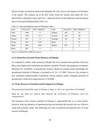 48
Cluster of lakes are lined up within main Ethiopian rift. Lake Abaya is the largest of all the lakes
in the system. The southern tip of the Rift Valley forms the marshy land called the Chew
Bahirwhich is drained by Segan and Woito. Shala and Ziway are the shallowest and the deepest
lakes in the central Ethiopian Rift (Table 4.2).
Table 4.2: Area and depth of some of Ethiopian Lakes
Source: Compiled from different sources
4.3.3. Subsurface (Ground) Water Resource of Ethiopia
As compared to surface water resources, Ethiopia has lower ground water potential. However,
there exists higher total exploitable groundwater potential. Climatic and geophysical conditions
determine the availability of groundwater resource. Based on existing scanty knowledge, the
groundwater potential of Ethiopia is estimated to be 2.6 - 6.5 BMC. However, this estimate is
now considered underestimated. Considering various separate studies, Ethiopian potential of
groundwater is believed to range between 12-30 BMC.
4.4. Water Resources Potentials and Development in Ethiopia
The potential of exploitable water in Ethiopia is huge, so why is our agriculture still rainfed?
What do you think are reasons that diminish the irrelevance of Ethiopian rivers for
transportation?
The enormous water resource potential of Ethiopia is underutilized due to so many factors.
However, there are plenteous of opportunities that can transform the resource into our collective
social and economic needs. The followings are some of potential development uses of water
resource of Ethiopia.
Lake Area (km2
) Max. Depth(m) Lake Area (km2
) Max. Depth(m)
Tana 3600 9 Abijata 205 14
Abaya 1162 13.1 Awassa 129 10
Chamo 551 13 Ashenge 20 25
Ziway 442 8.95 Hayk 5 23
Shala 409 266* Beseka 48.5 11
Koka 205 9
 