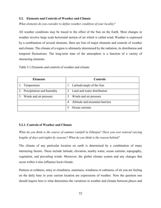 52
5.2. Elements and Controls of Weather and Climate
What elements do you consider to define weather condition of your locality?
All weather conditions may be traced to the effect of the Sun on the Earth. Most changes in
weather involve large scale horizontal motion of air which is called wind. Weather is expressed
by a combination of several elements. Here are lists of major elements and controls of weather
and climate. The climate of a region is ultimately determined by the radiation, its distribution and
temporal fluctuations. The long-term state of the atmosphere is a function of a variety of
interacting elements.
Table 5.1.Elements and controls of weather and climate
5.2.1. Controls of Weather and Climate
What do you think is the source of summer rainfall in Ethiopia? Have you ever noticed varying
lengths of days and nights by seasons? What do you think is the reason behind?
The climate of any particular location on earth is determined by a combination of many
interacting factors. These include latitude, elevation, nearby water, ocean currents, topography,
vegetation, and prevailing winds. Moreover, the global climate system and any changes that
occur within it also influence local climate.
Hotness or coldness, rainy or cloudiness, sunniness, windiness or calmness, of air you are feeling
on the daily base in your current location are expressions of weather. Now the question one
should inquire here is what determines the variations in weather and climate between places and
Elements Controls
1. Temperature 1 Latitude/angle of the Sun
2. Precipitation and humidity 2 Land and water distribution
3. Winds and air pressure 3 Winds and air pressure
4 Altitude and mountain barriers
5 Ocean currents
 