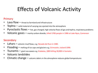 Effects of Volcanic Activity
Primary
• Lava flow – threat to farmland and infrastructure
• Tephra – solid material of varying size ejected into the atmosphere
• Pyroclastic flows – hot, gas-charged, high velocity flows of gas and tephra, respiratory problems
• Volcanic gases – mainly carbon dioxide, killed 1700 people in 1986 at Lake Nyos, Cameroon

Secondary
• Lahars – volcanic mud flows, e.g. Nevado del Ruiz in 1985
• Flooding – melting of ice caps and glaciers e.g. Grimsvotn, Iceland 1996
• Tsunamis – giant sea waves e.g. Krakatoa, 1883 killing 30,000 in Sumatra
• Volcanic landslides
• Climatic change – volcanic debris in the atmosphere reduces global temperatures
 