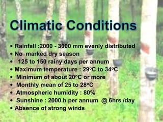  Rainfall :2000 - 3000 mm evenly distributed
 No marked dry season
 125 to 150 rainy days per annum
 Maximum temperature : 29oC to 34oC
 Minimum of about 20oC or more
 Monthly mean of 25 to 28oC
 Atmospheric humidity : 80%
 Sunshine : 2000 h per annum @ 6hrs /day
 Absence of strong winds
 