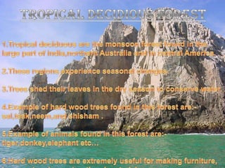 TROPICAL DECIDIOUS FOREST1.Tropical deciduous are the monsoon forest found in the large part of india,northern Australia and in central America.2.These regions experience seasonal changes.3.Trees shed their leaves in the dry season to conserve water.4.Example of hard wood trees found in this forest are:- sal,teak,neem,and shisham .5.Example of animals found in this forest are:-tiger,donkey,elephant etc…6.Hard wood trees are extremely useful for making furniture, transport and  constructional materials.