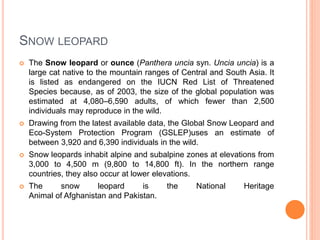 SNOW LEOPARD
 The Snow leopard or ounce (Panthera uncia syn. Uncia uncia) is a
large cat native to the mountain ranges of Central and South Asia. It
is listed as endangered on the IUCN Red List of Threatened
Species because, as of 2003, the size of the global population was
estimated at 4,080–6,590 adults, of which fewer than 2,500
individuals may reproduce in the wild.
 Drawing from the latest available data, the Global Snow Leopard and
Eco-System Protection Program (GSLEP)uses an estimate of
between 3,920 and 6,390 individuals in the wild.
 Snow leopards inhabit alpine and subalpine zones at elevations from
3,000 to 4,500 m (9,800 to 14,800 ft). In the northern range
countries, they also occur at lower elevations.
 The snow leopard is the National Heritage
Animal of Afghanistan and Pakistan.
 