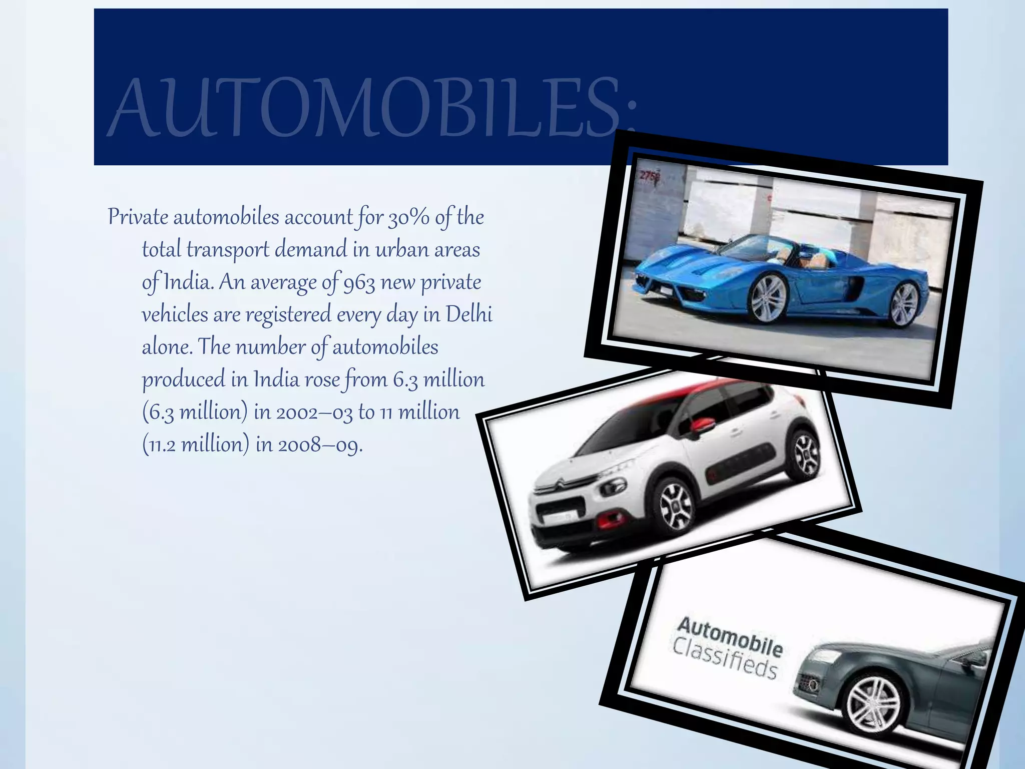 AUTOMOBILES:
Private automobiles account for 30% of the
total transport demand in urban areas
of India. An average of 963 new private
vehicles are registered every day in Delhi
alone. The number of automobiles
produced in India rose from 6.3 million
(6.3 million) in 2002–03 to 11 million
(11.2 million) in 2008–09.
 